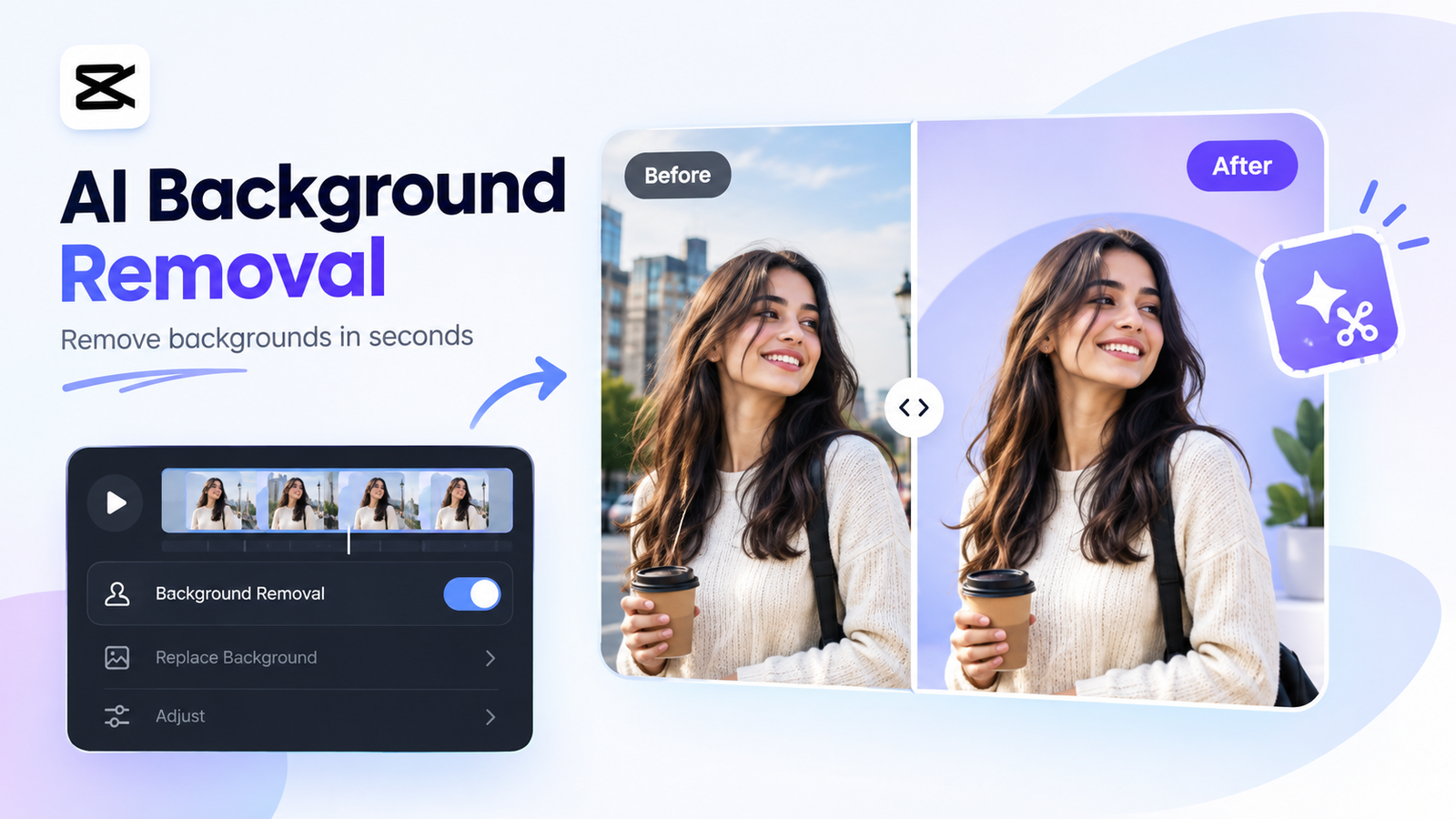 CapCut AI background removal showing a before and after comparison of a photo with the background removed