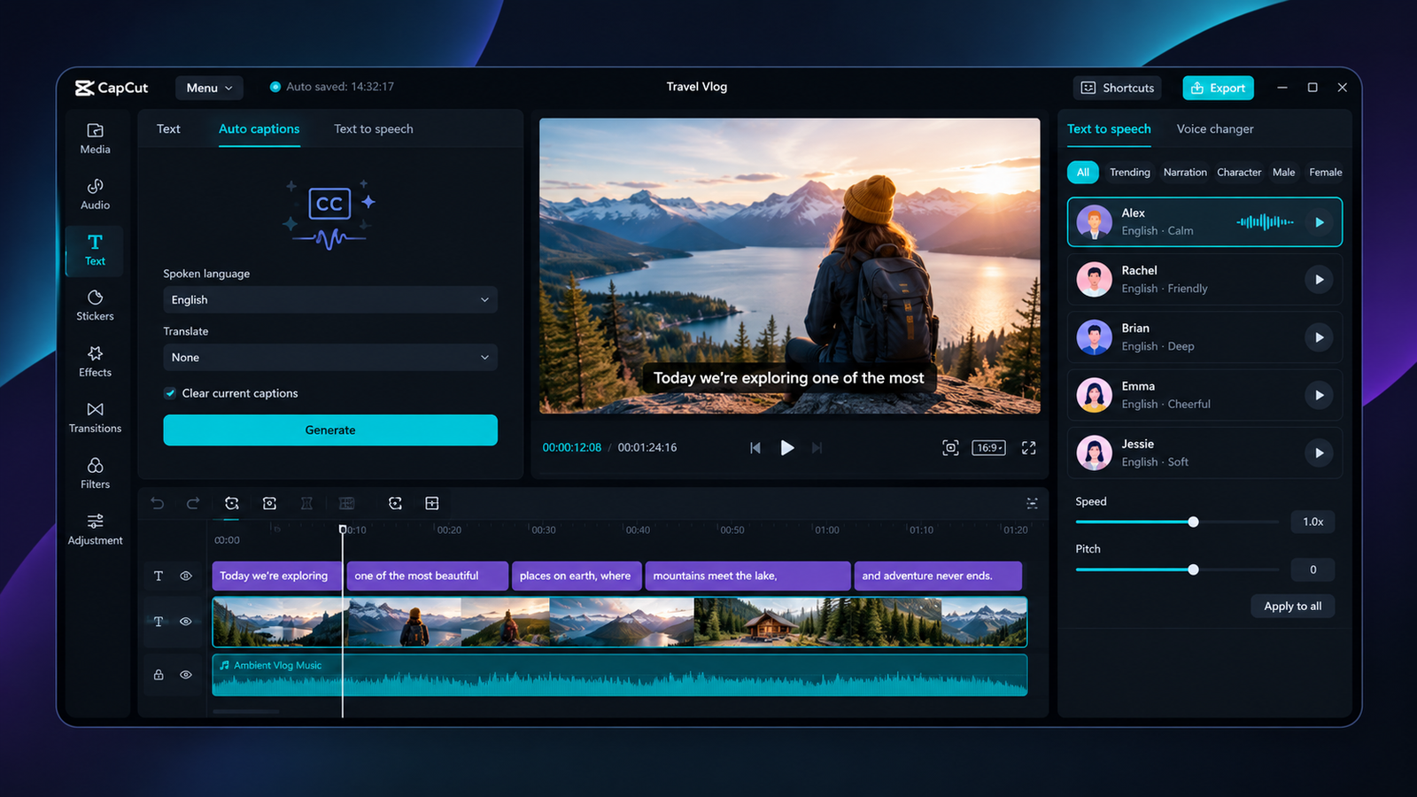 CapCut auto captions and text-to-speech panel generating subtitles on a travel vlog clip