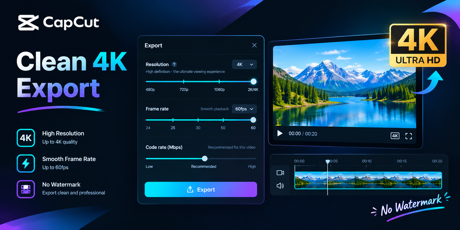 CapCut export panel set to 4K resolution and 60fps