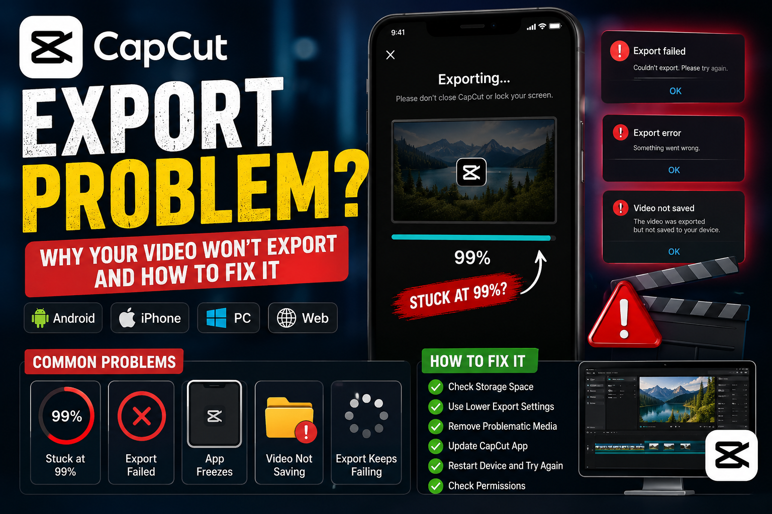 CapCut export problem — video stuck at 99% and how to fix it