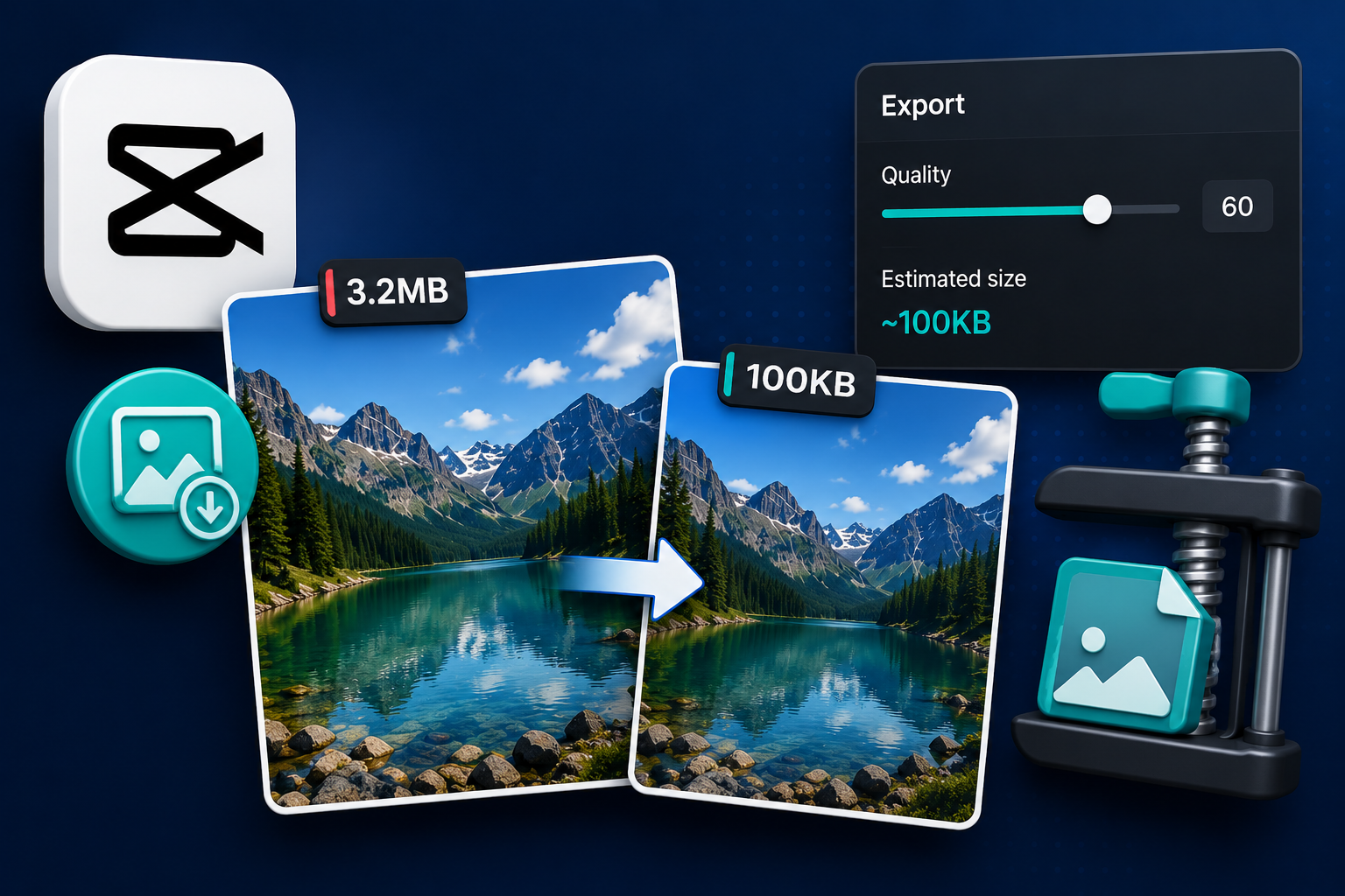 CapCut export quality slider set to reach an estimated 100KB file size